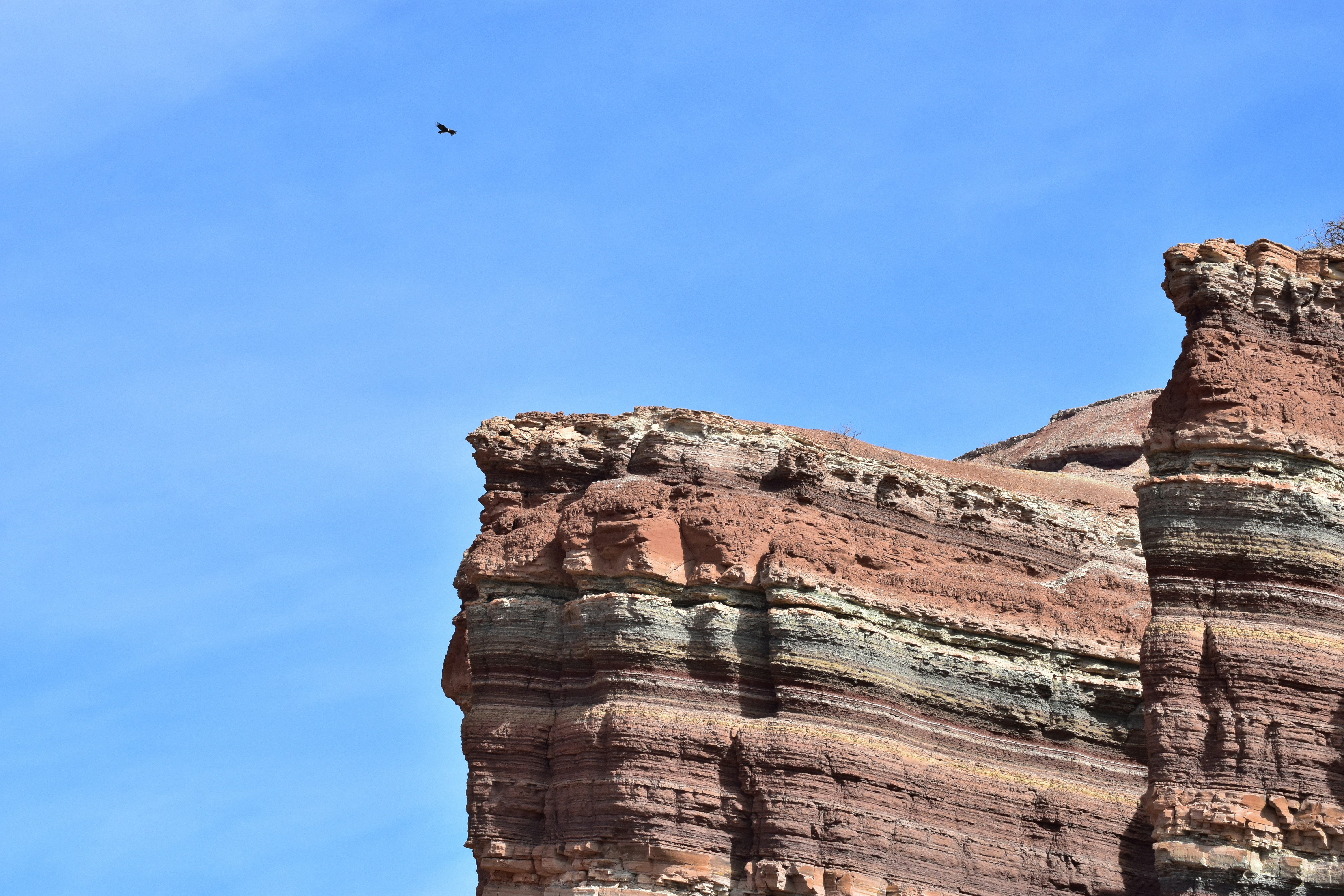 A large rock formation with a bird flying over it