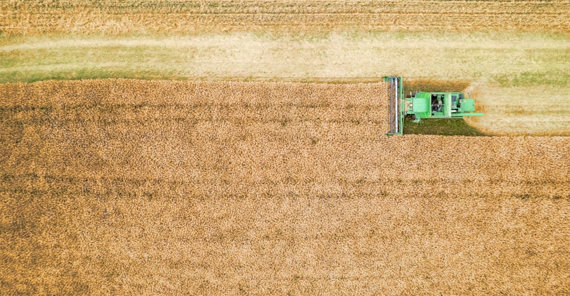 A tractor is driving through a large field