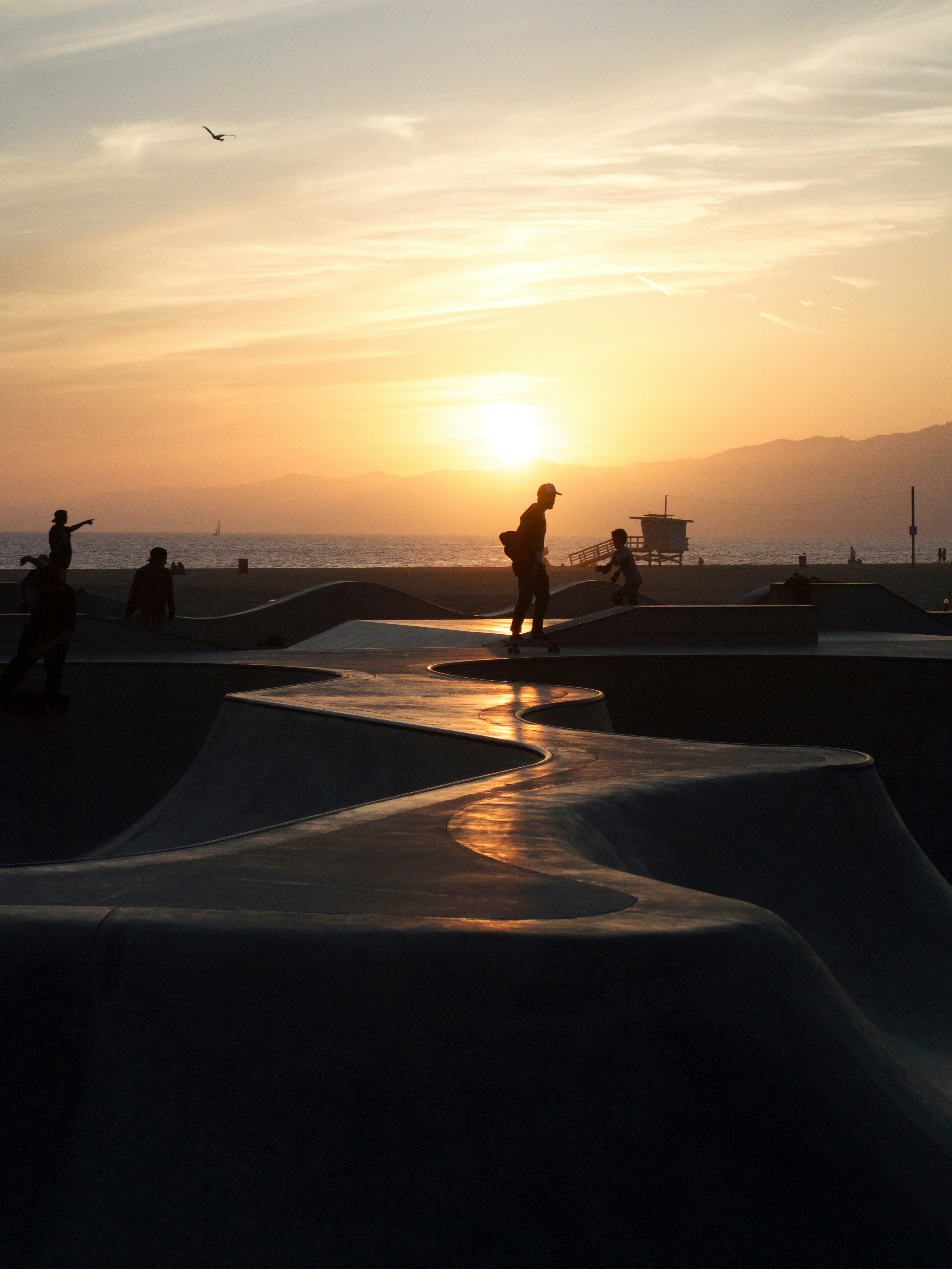 A group of people riding skateboards at a skate park