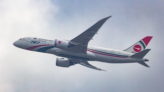 A large jetliner flying through a cloudy blue sky