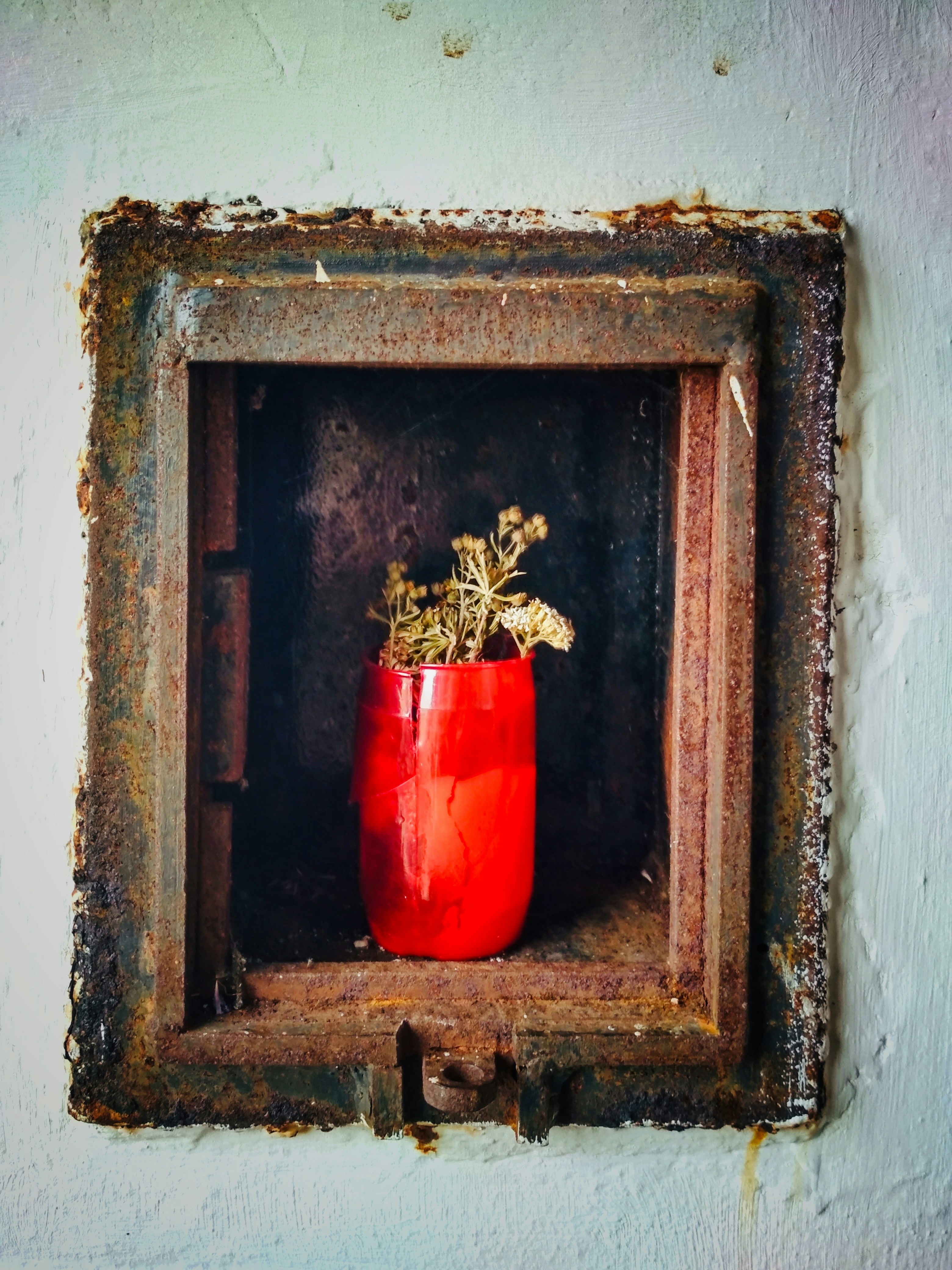 Une peinture d’un vase rouge avec une plante à l’intérieur