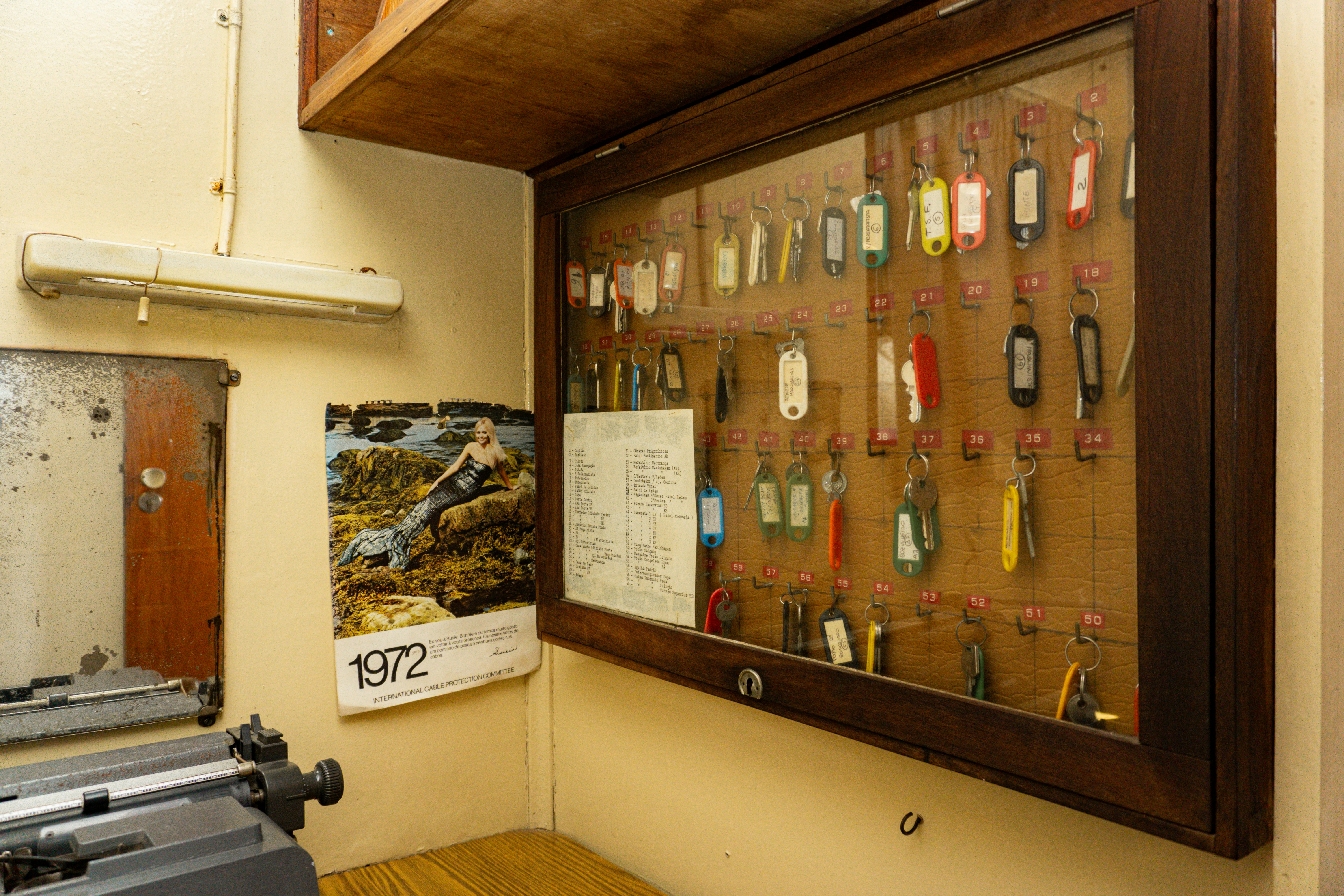 A room with a typewriter and a bulletin board
