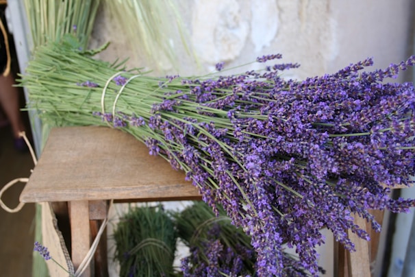 A bunch of lavender flowers sitting on top of a wooden bench
