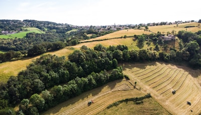 An aerial view of a farm with a river running through it