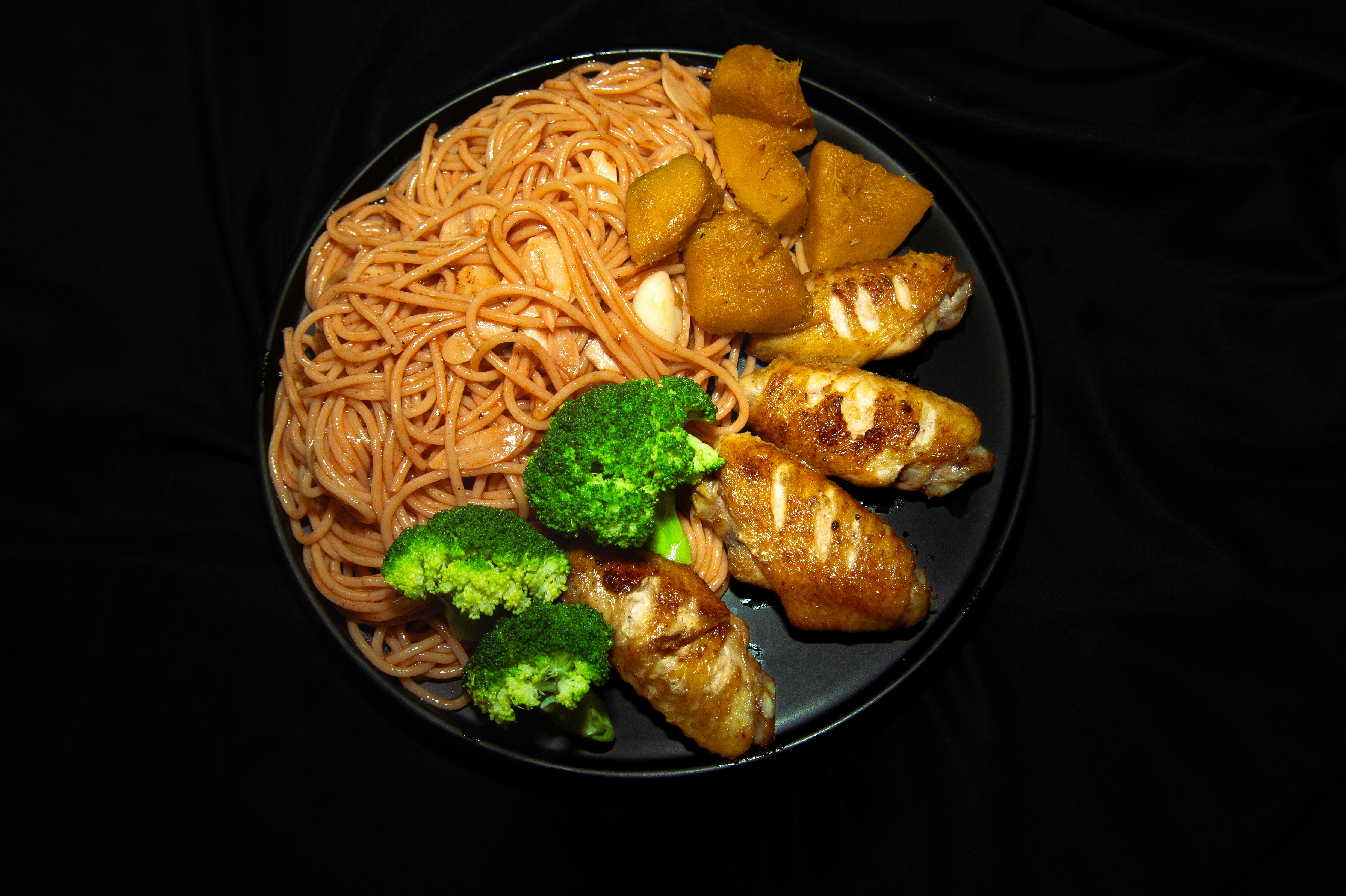 A plate of food with broccoli and noodles