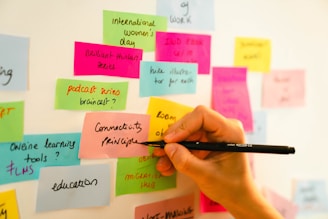 A person writing on a sticky note board