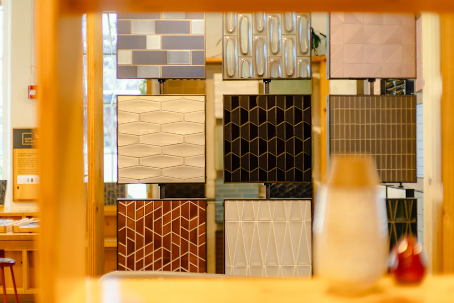 A room displaying a variety of tile samples
