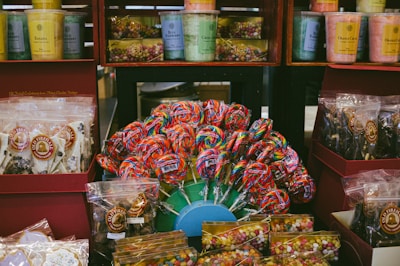A display in a store filled with lots of candy
