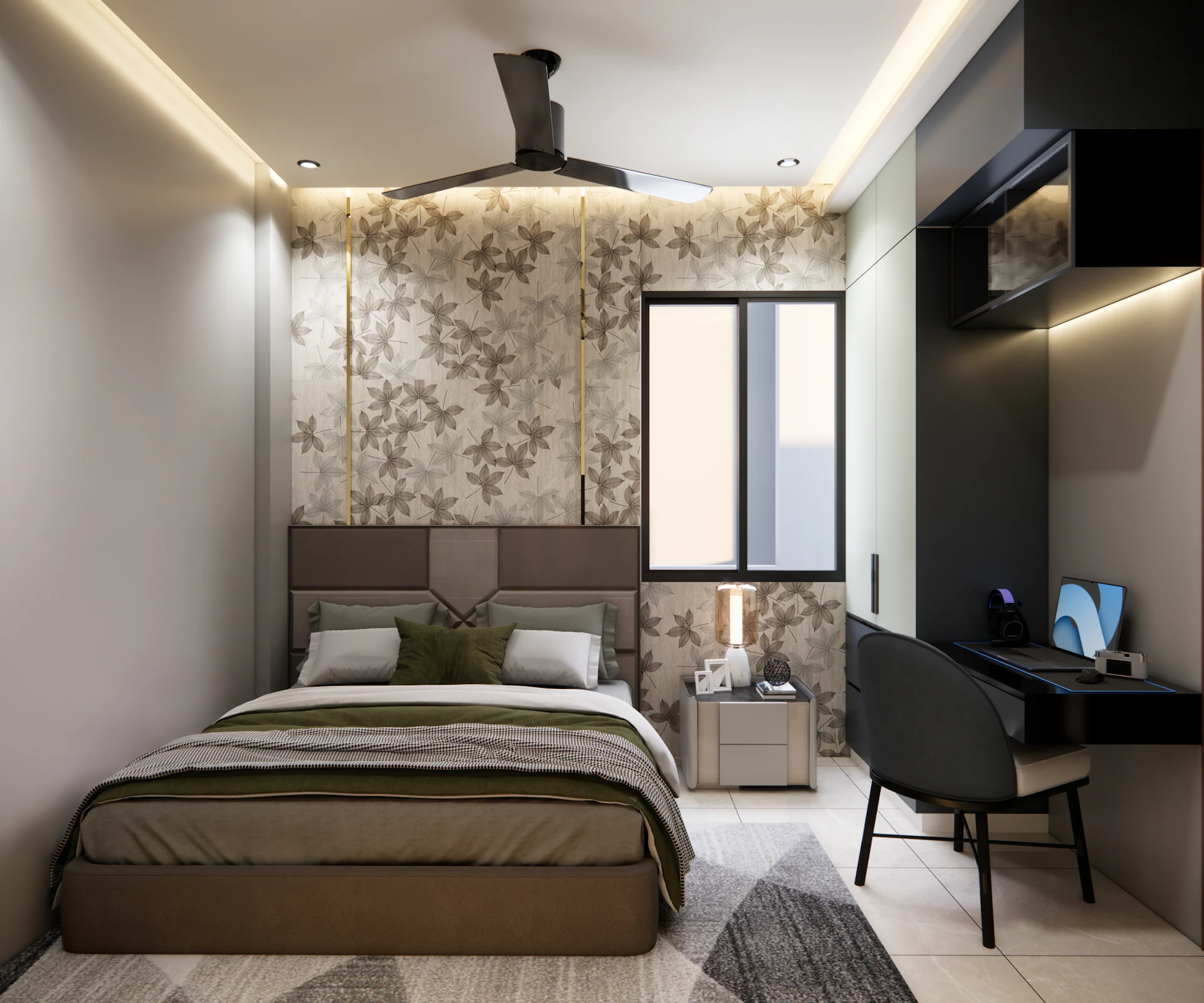 Bedroom with a built-in study desk