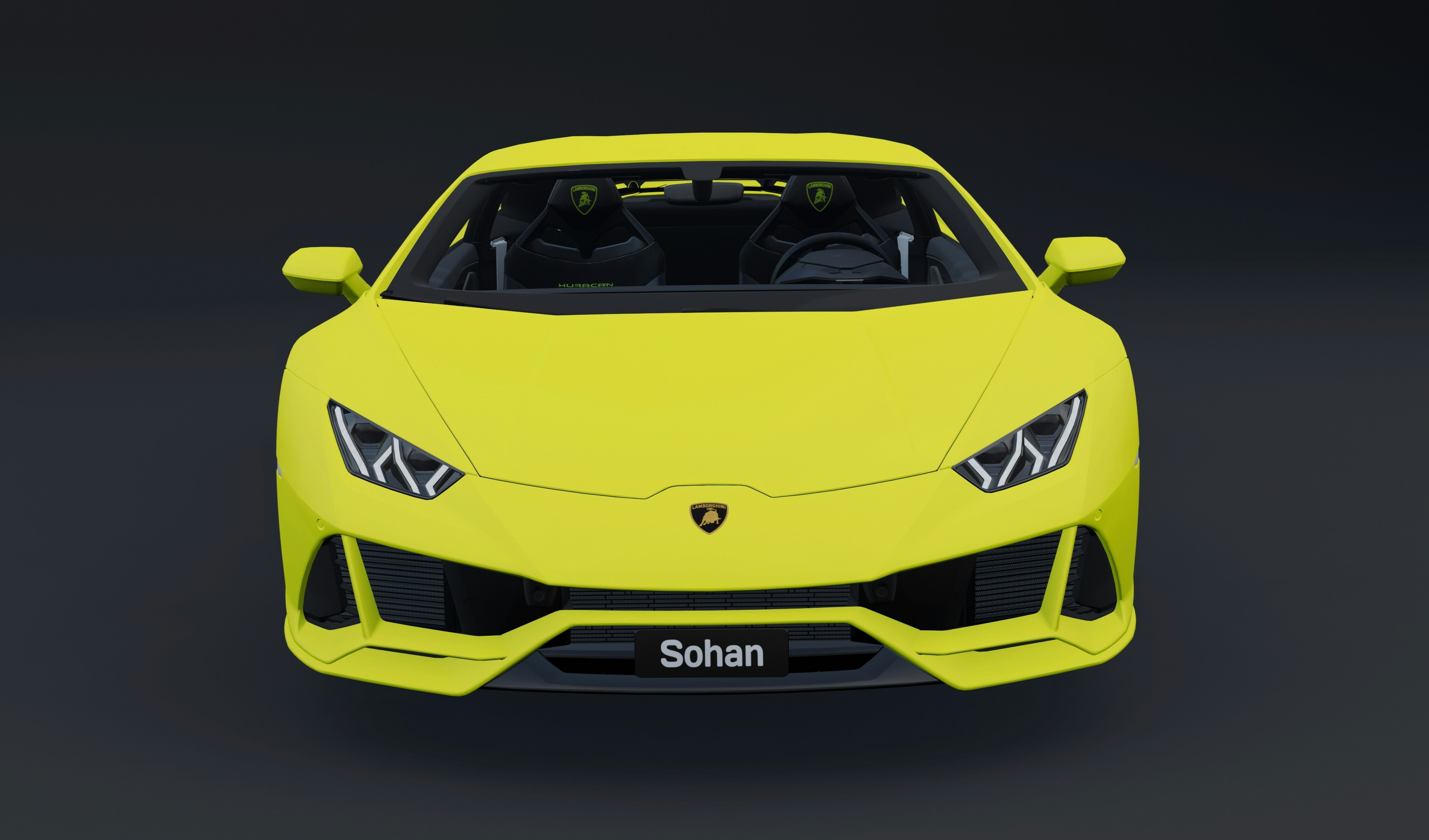Yellow Lamborghini Huracan supercar with dramatic dark studio lighting