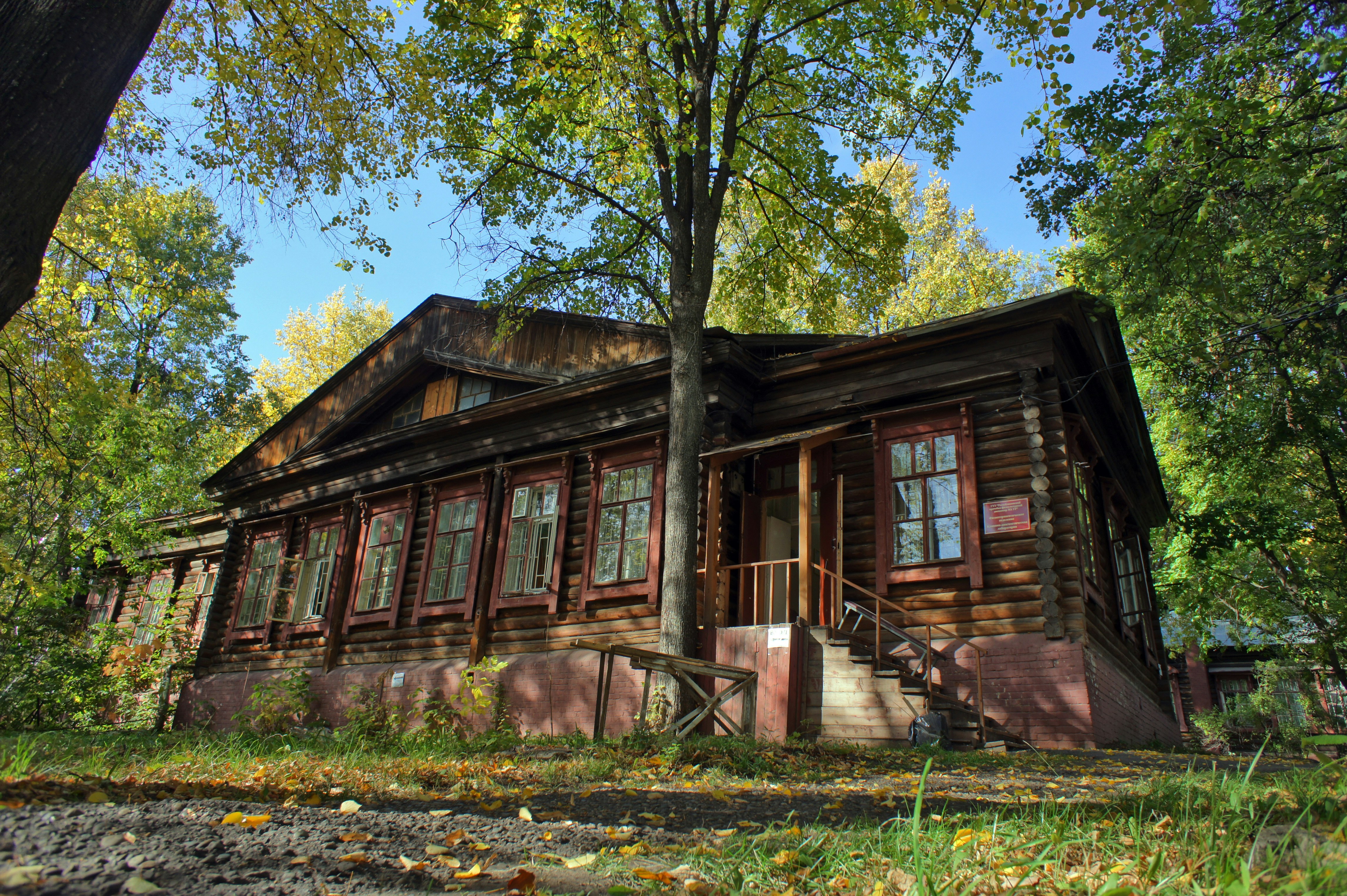 An old log cabin in the woods surrounded by trees