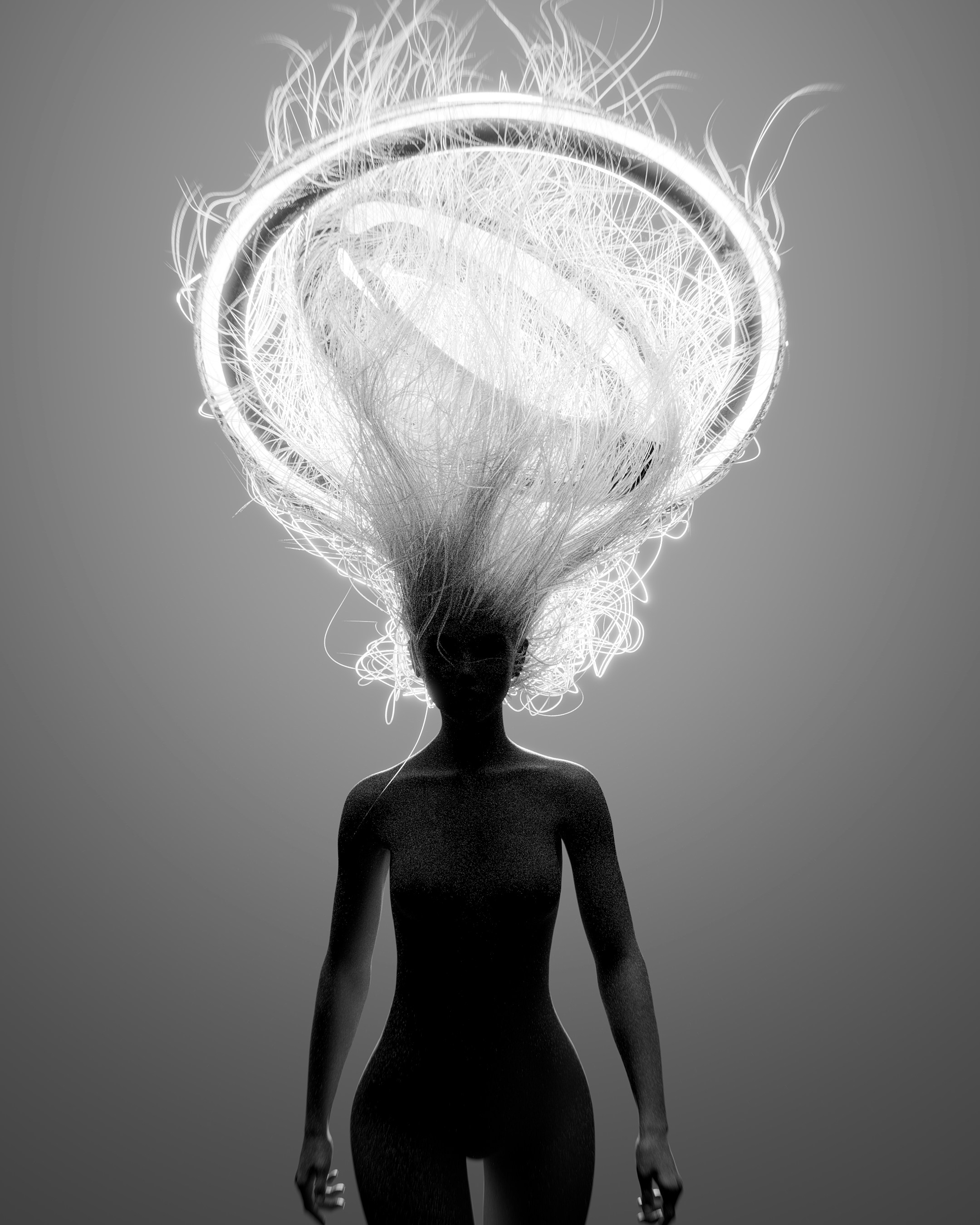 A woman with white hair is standing in front of a gray background