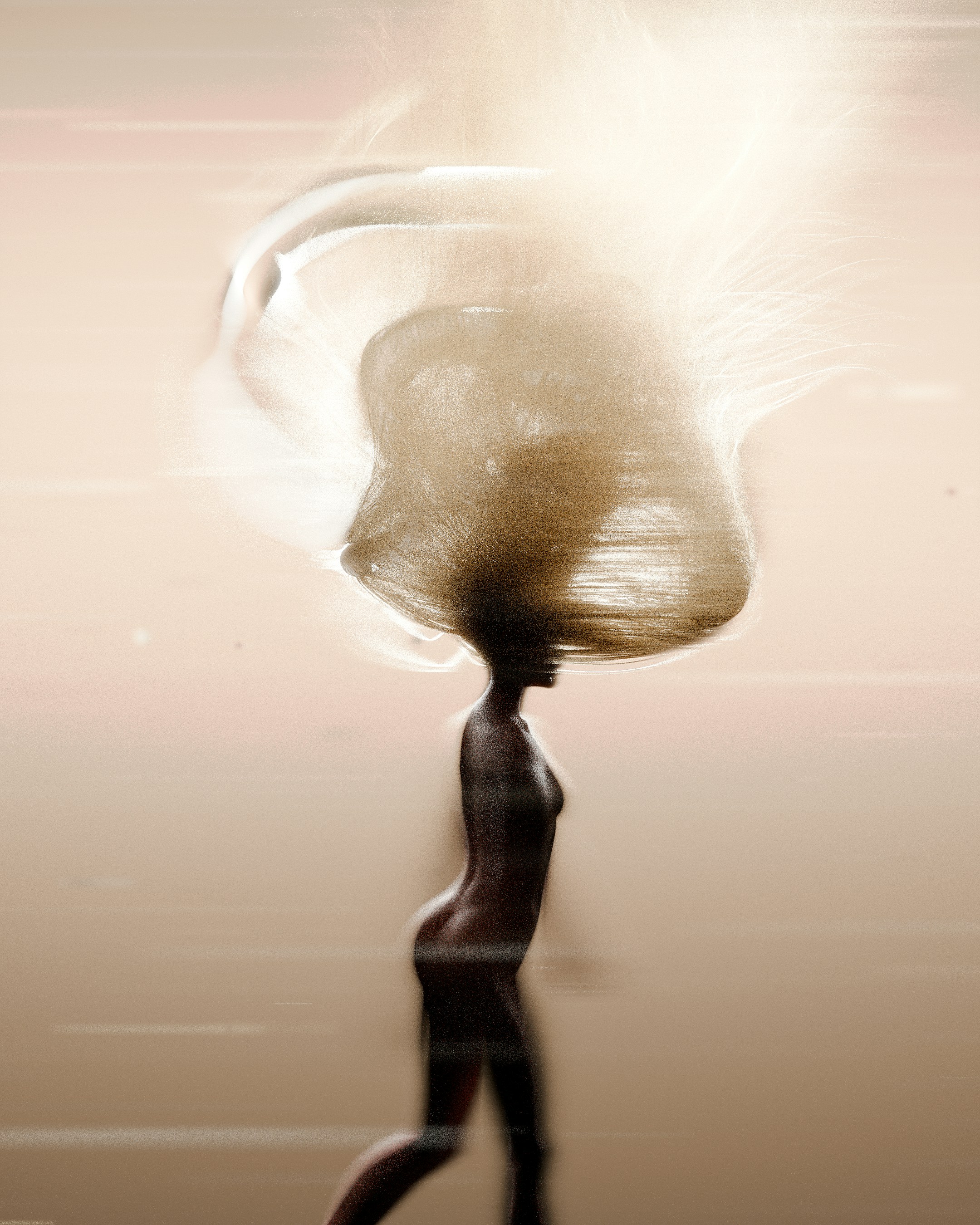 A person walking with a large object on their head