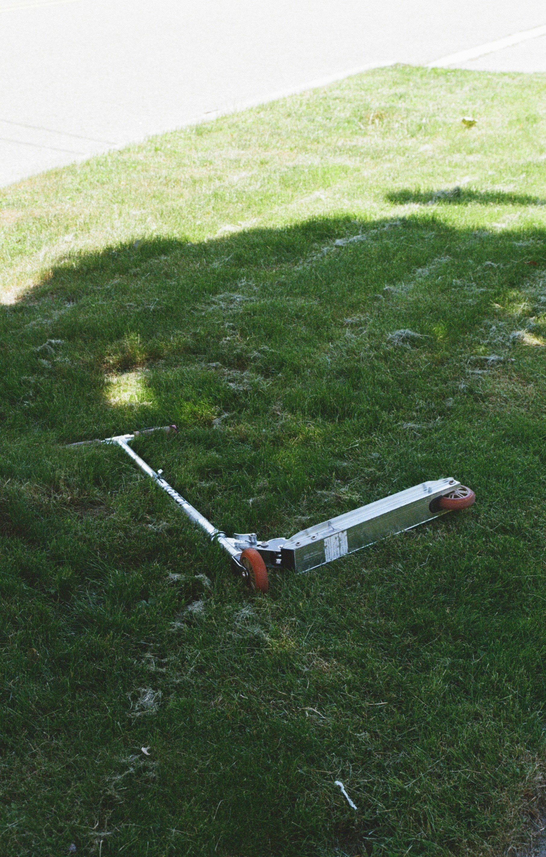 A skateboard laying on the ground in the grass