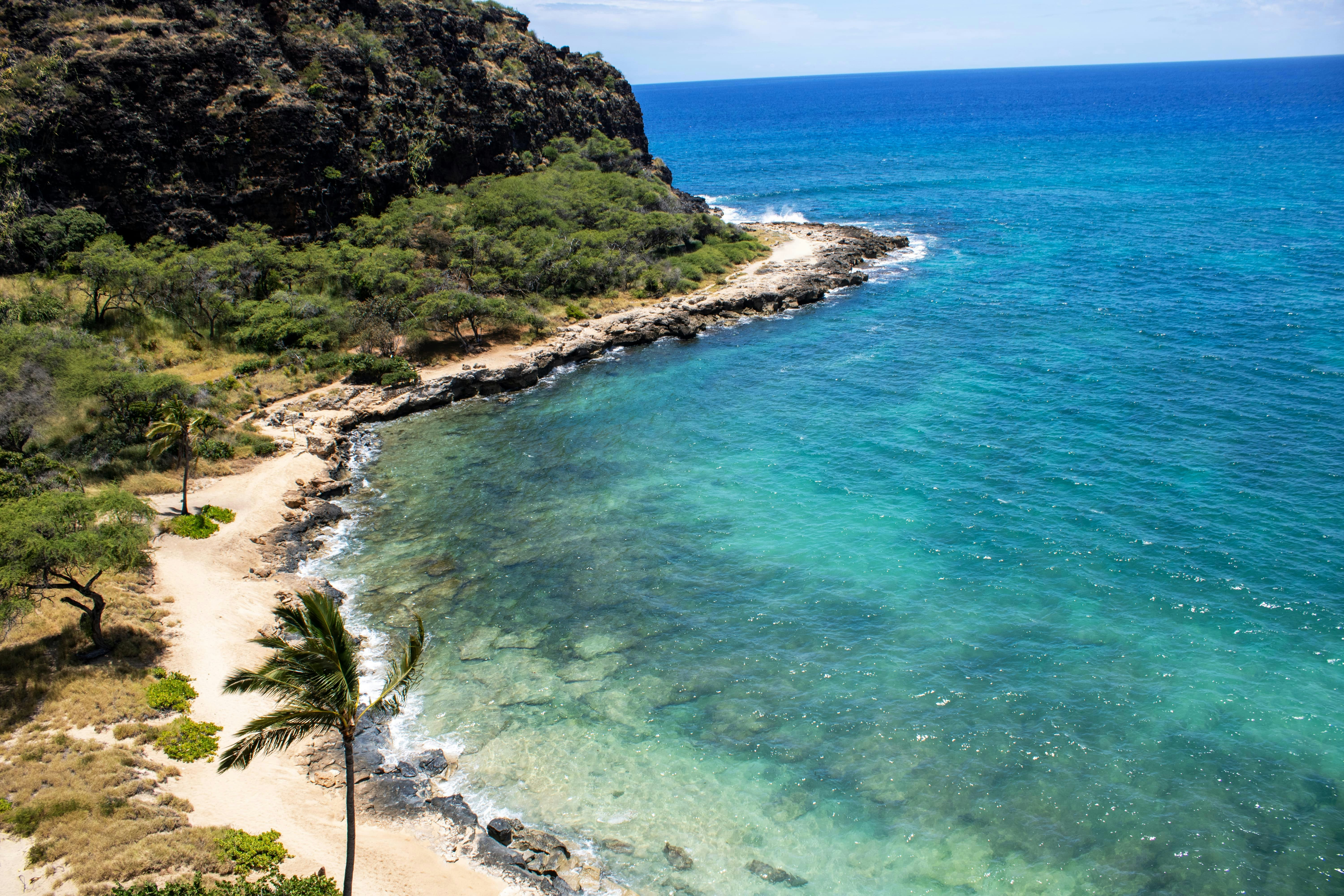 An aerial view of a beach with a mountain in the background