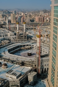 An aerial view of a city with tall buildings
