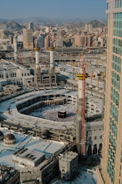An aerial view of a city with tall buildings