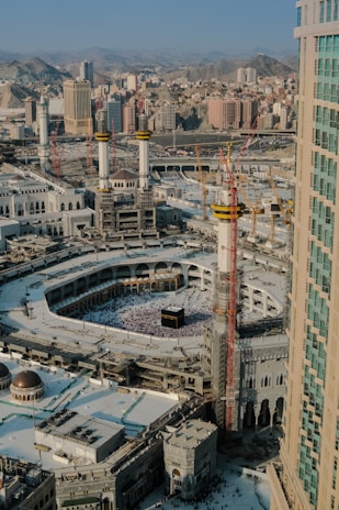 An aerial view of a city with tall buildings