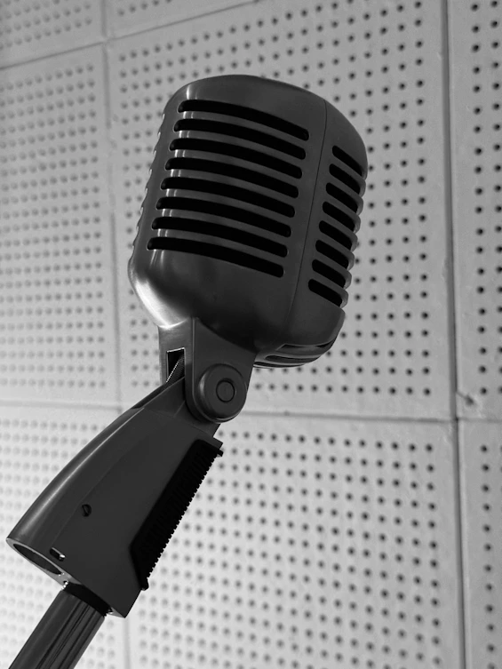 A black and white photo of a microphone