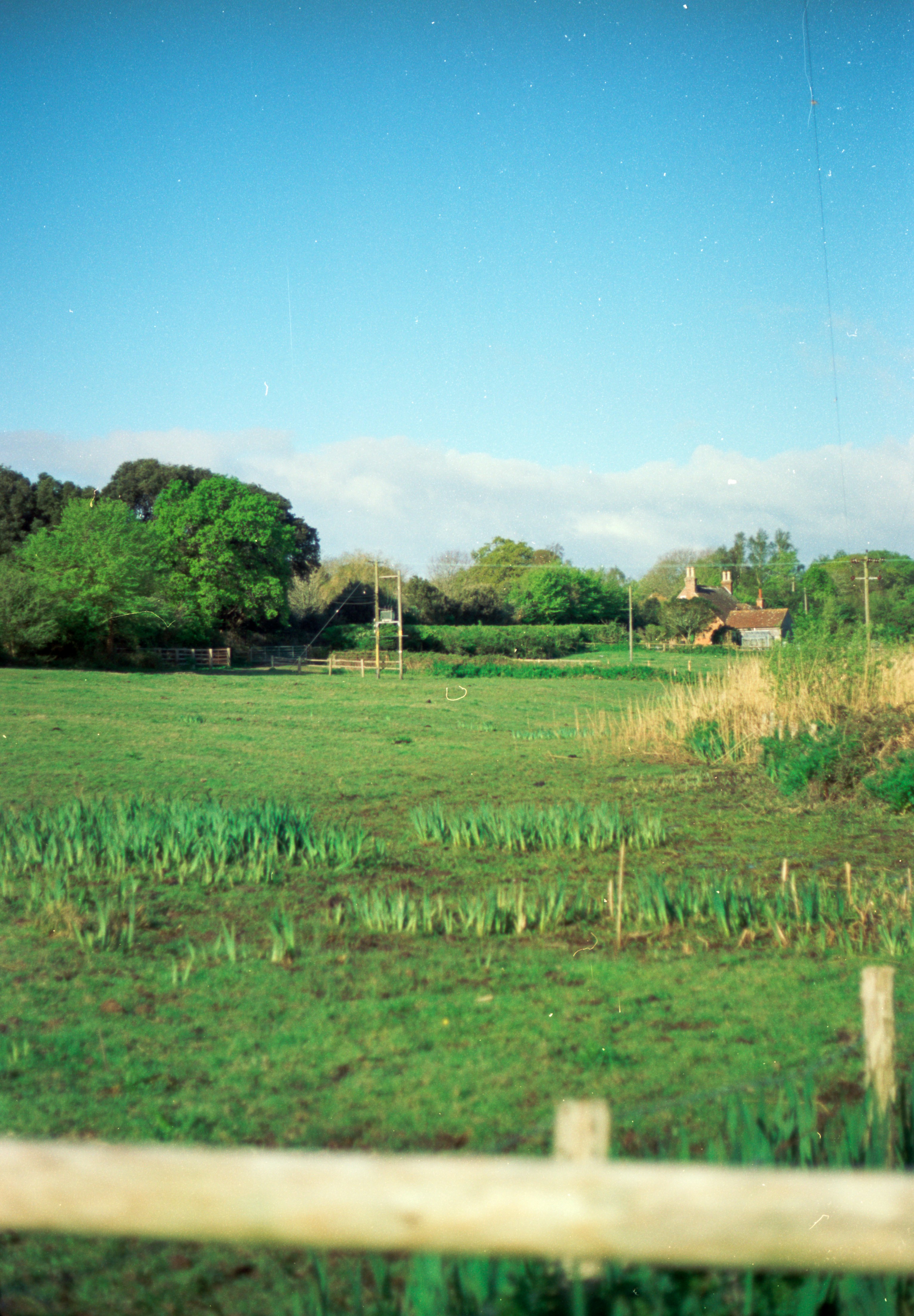 A field with a fence and a house in the distance