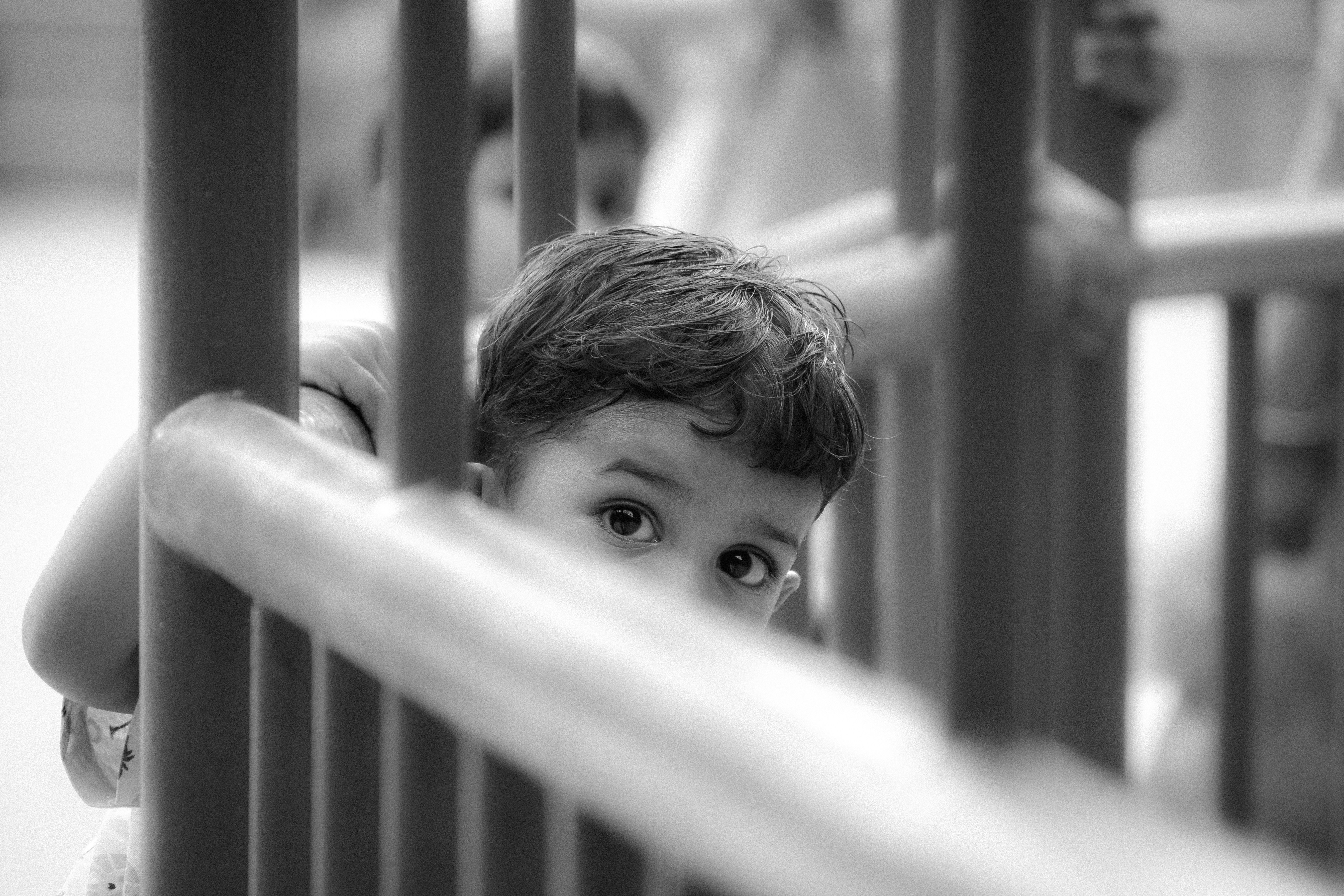 A young boy peeking over a metal fence