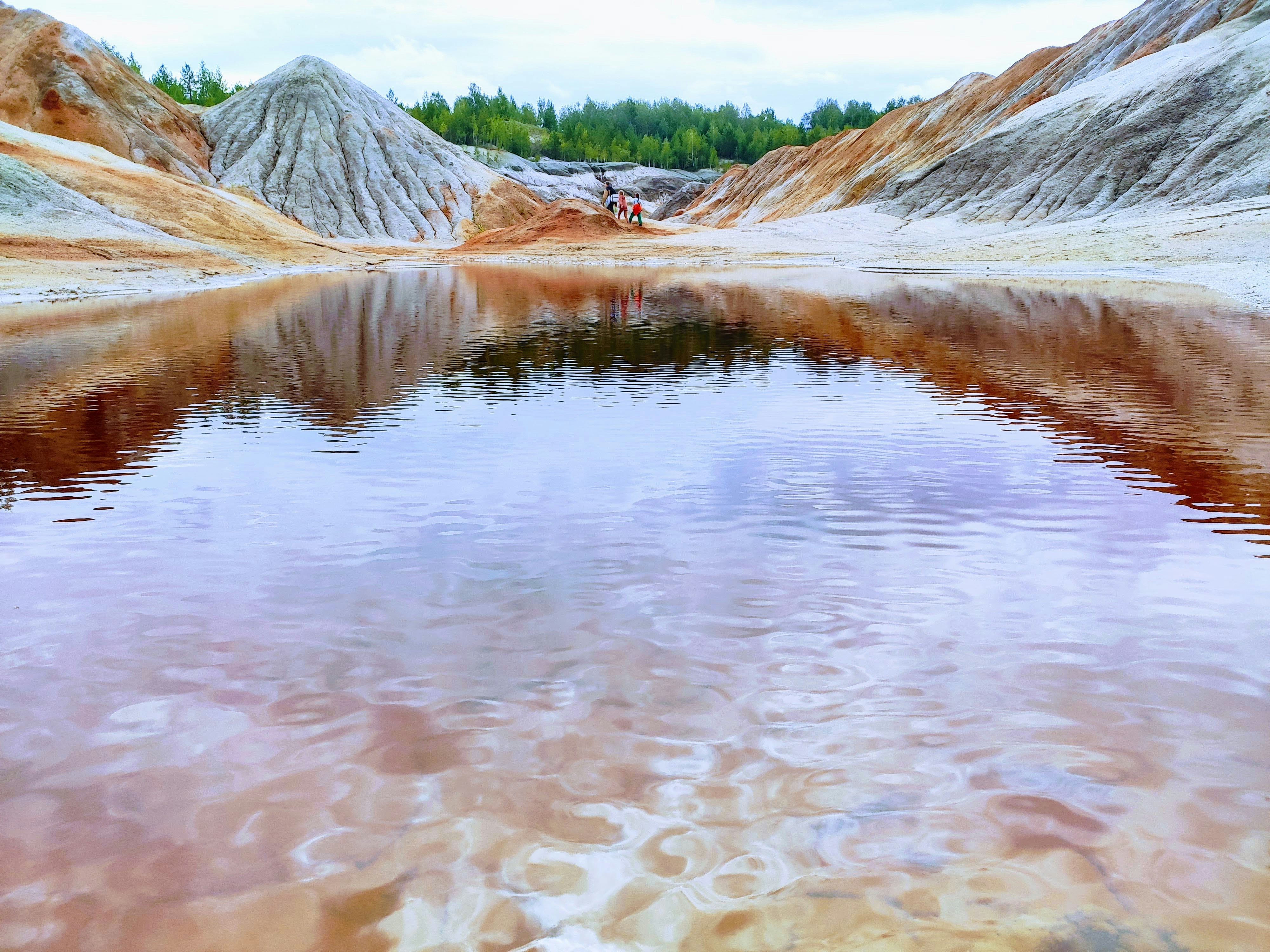 A small lake surrounded by mountains and trees