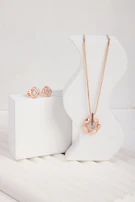 A pair of earrings and a necklace on display