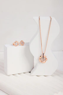 A pair of earrings and a necklace on display