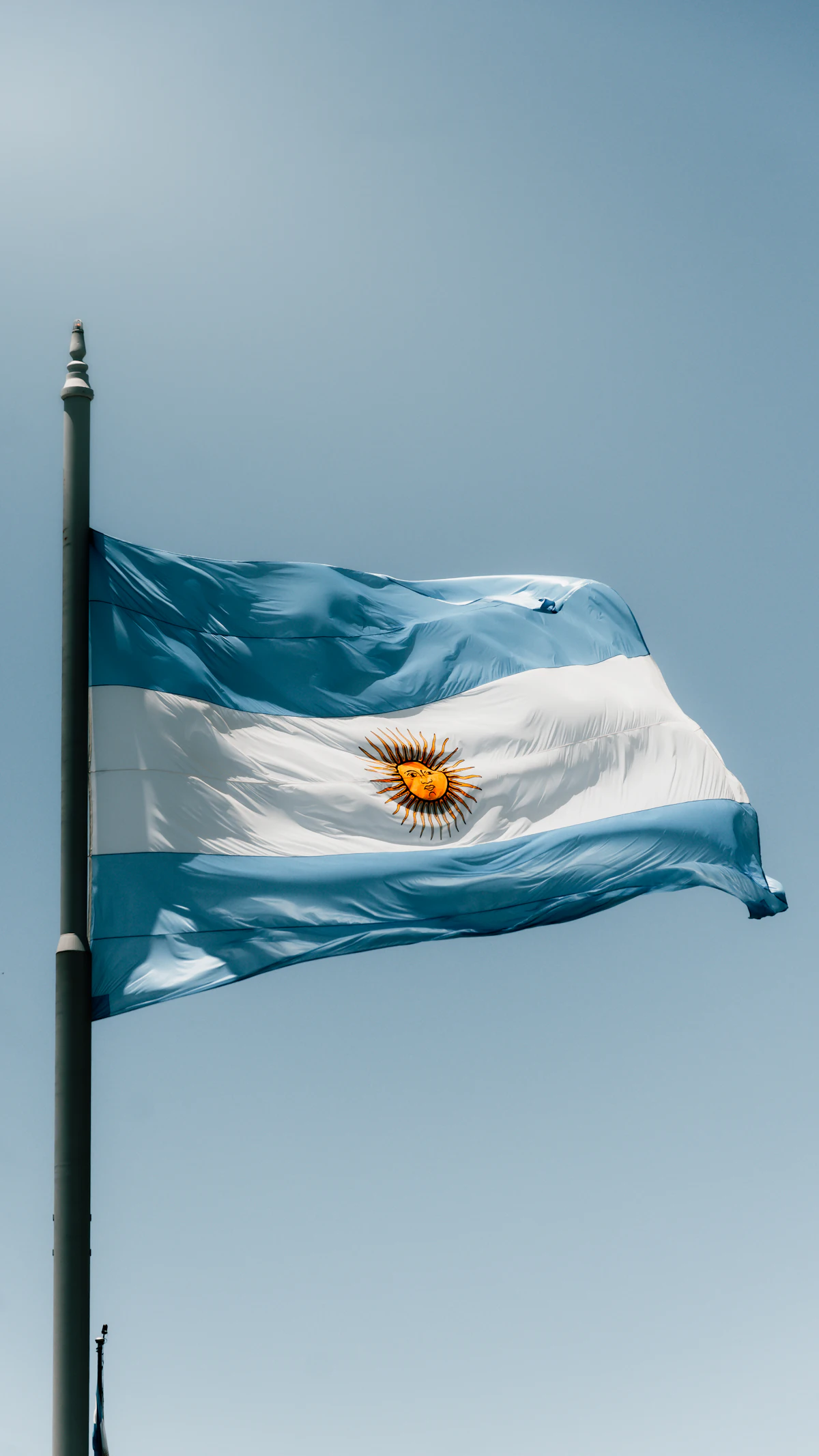 The blue and white flag of Argentina waving against a grey sky.