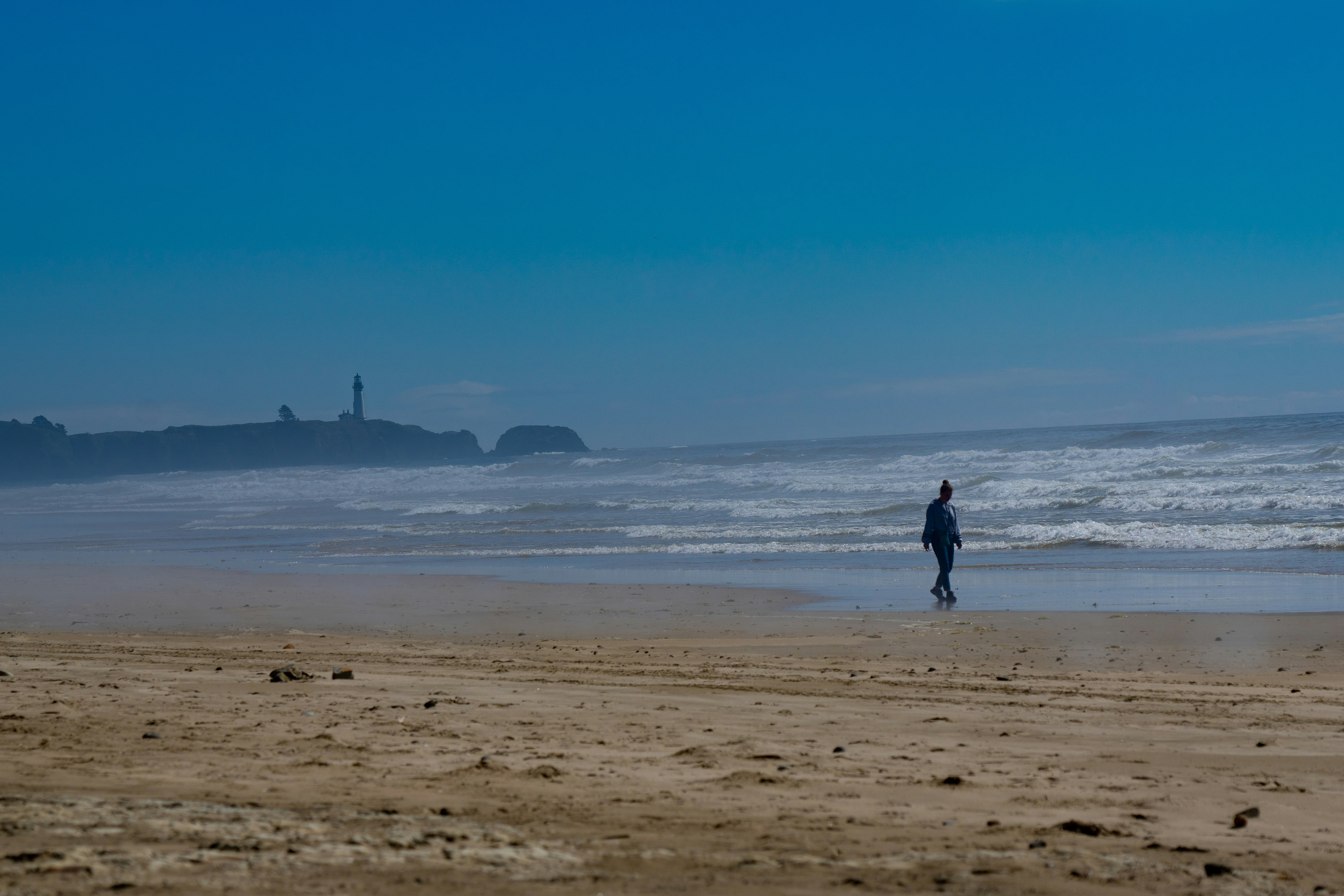 A person standing on a beach next to the ocean