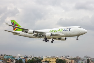 A large jetliner flying through a cloudy sky