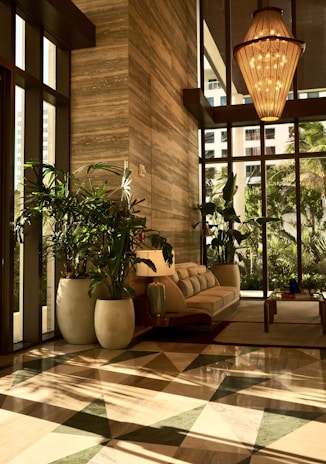 A living room with a checkered floor and large windows