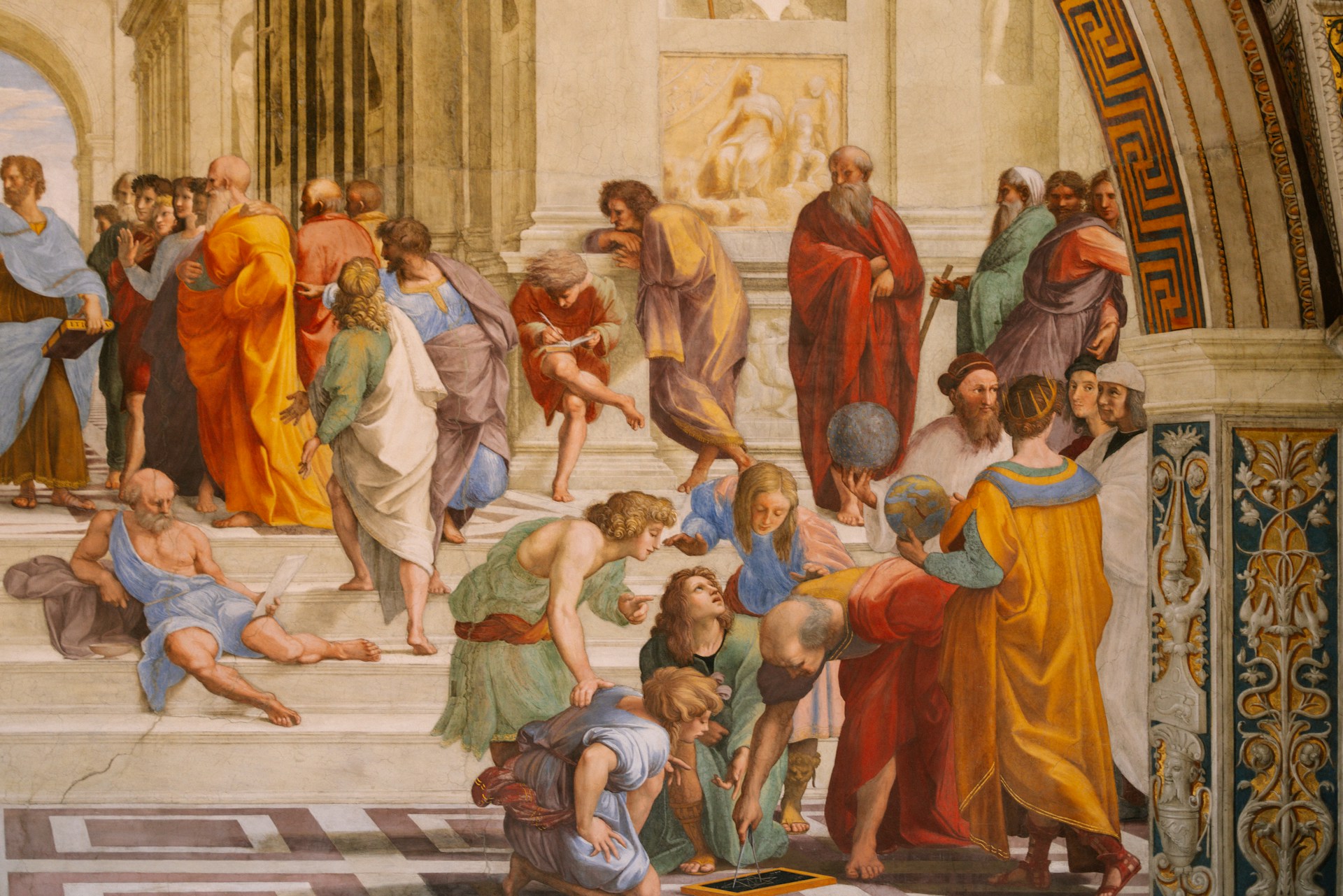 A painting of a group of people in a building