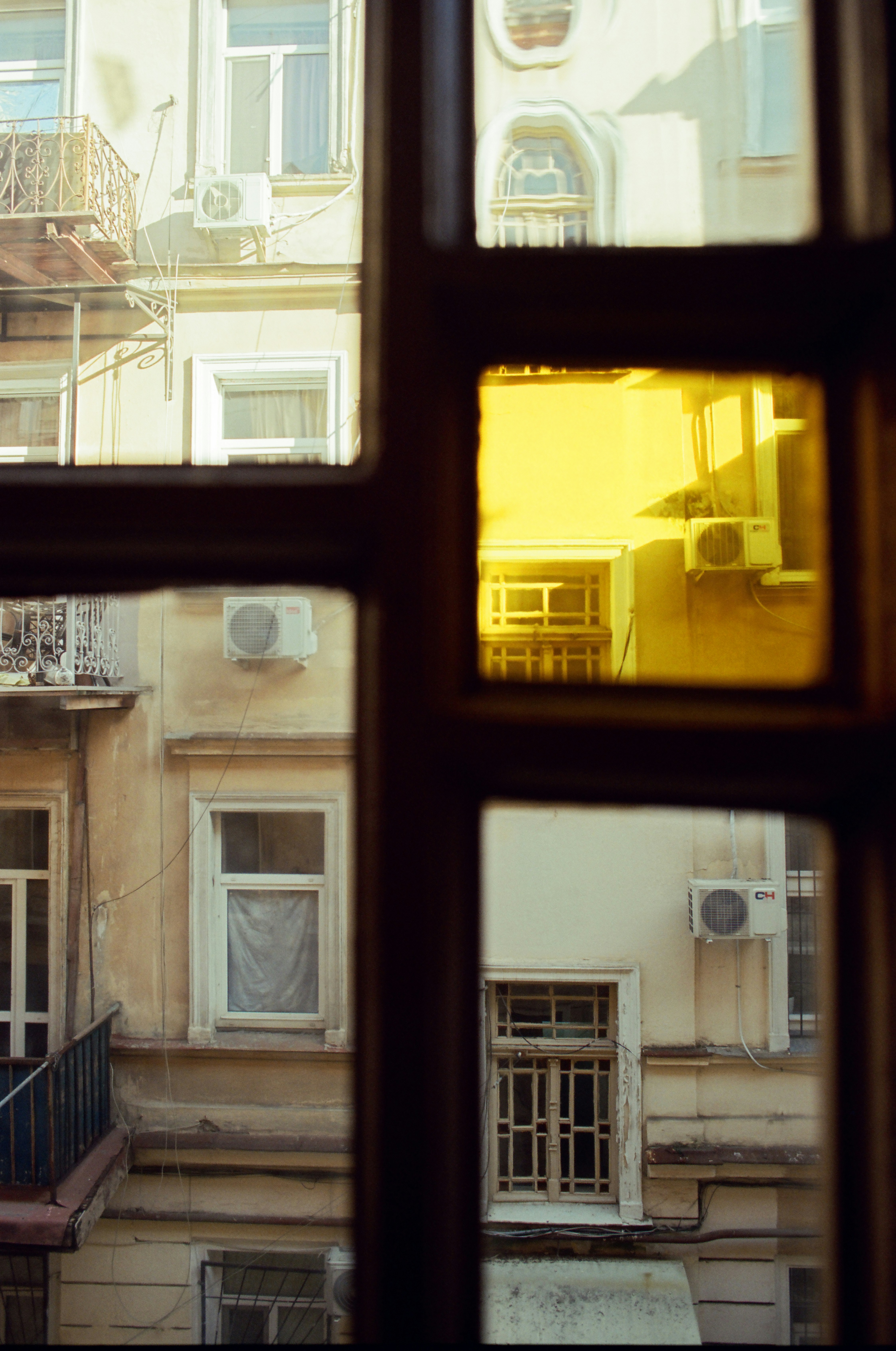A view of a building through a window