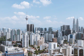 A view of a city with tall buildings