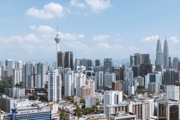 A view of a city with tall buildings