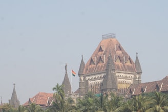 A large building with a tower and a flag on top of it