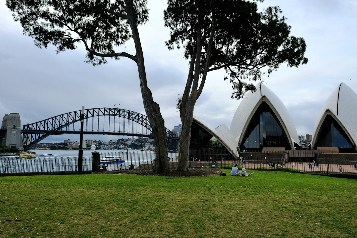 Sydney Opera House and Harbour Bridge seen from Bennelong Lawn in the Royal Botanic Garden