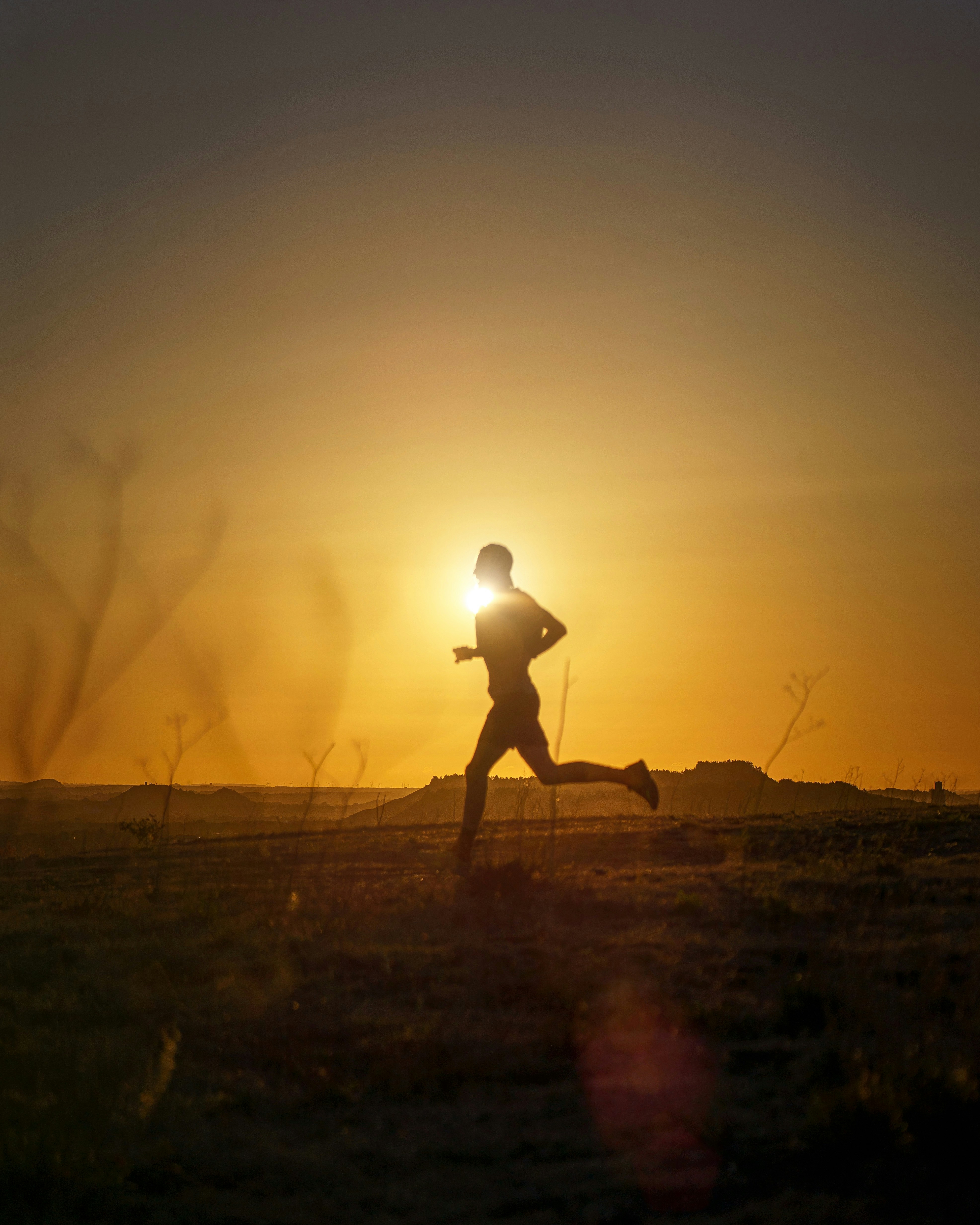 A person running in a field at sunset