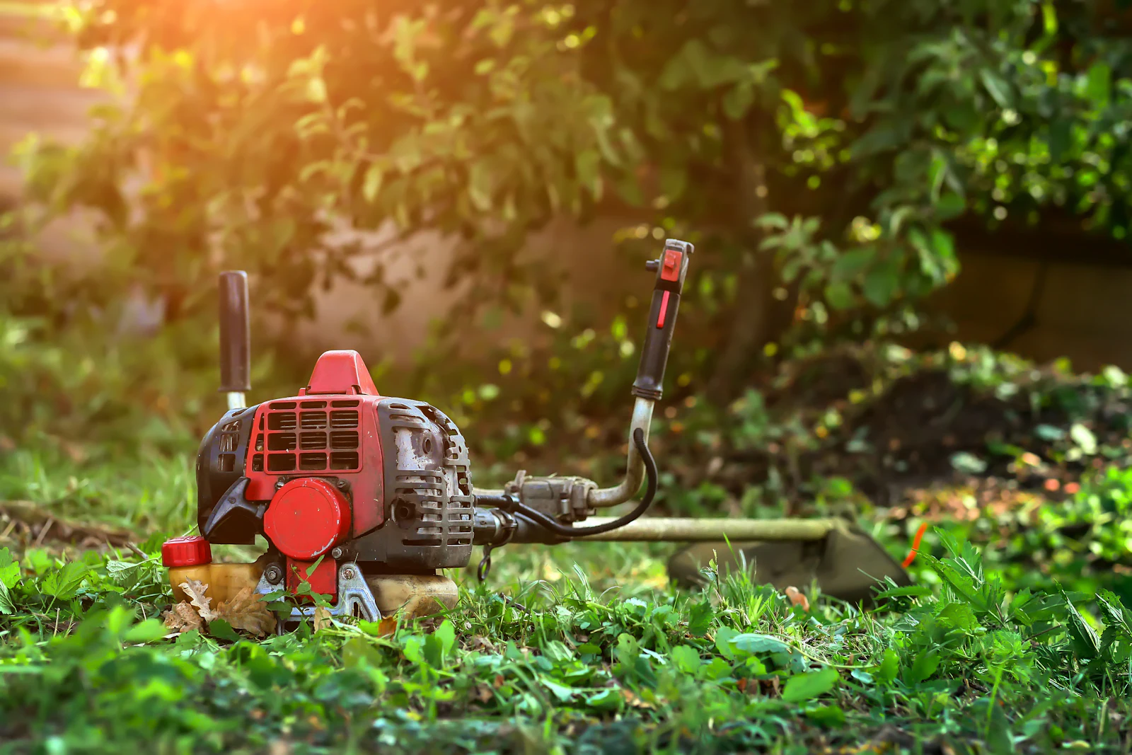 Tondeuse au milieu d’un terrain herbeux