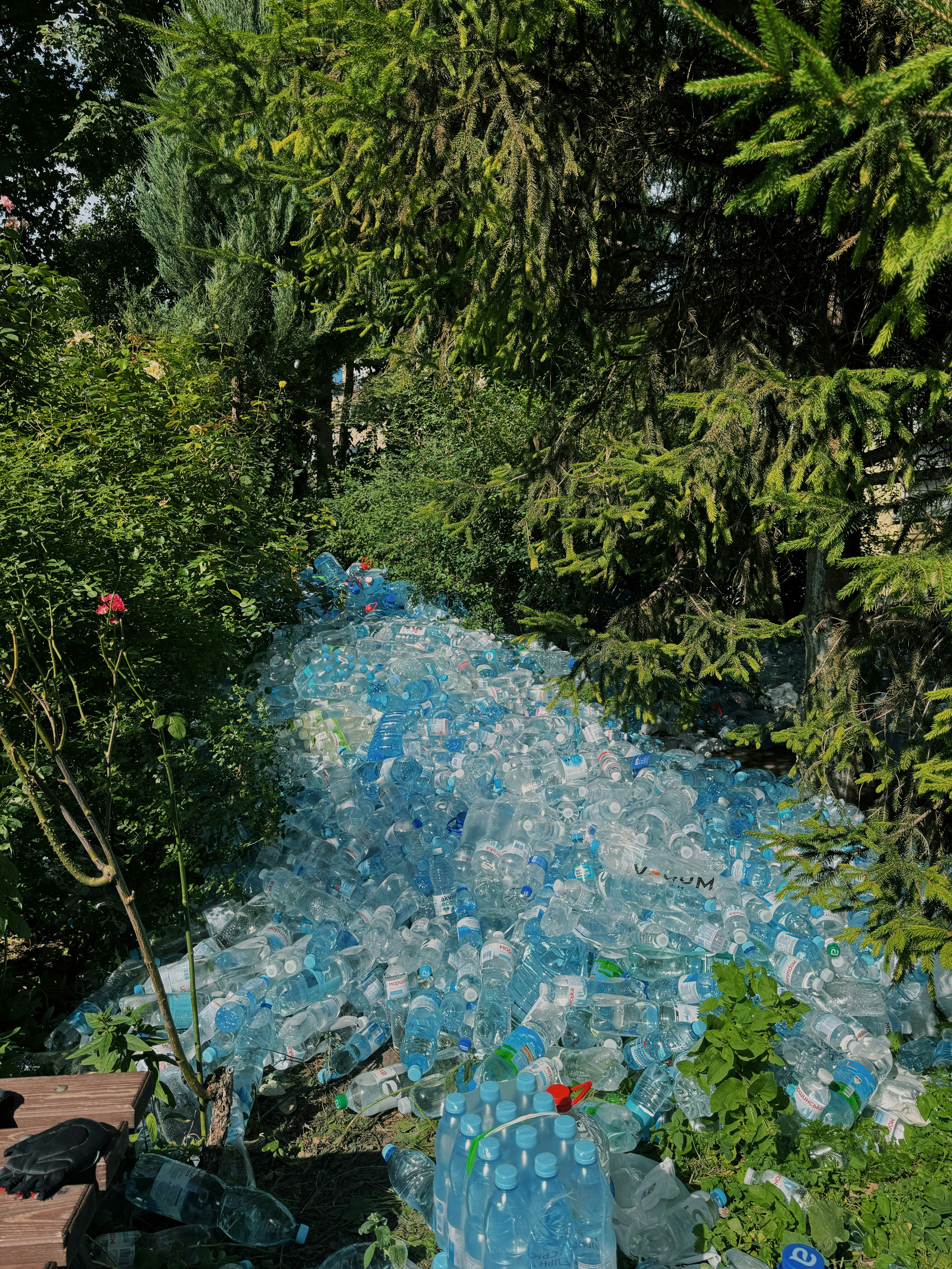 A bunch of plastic bottles and trash on the ground