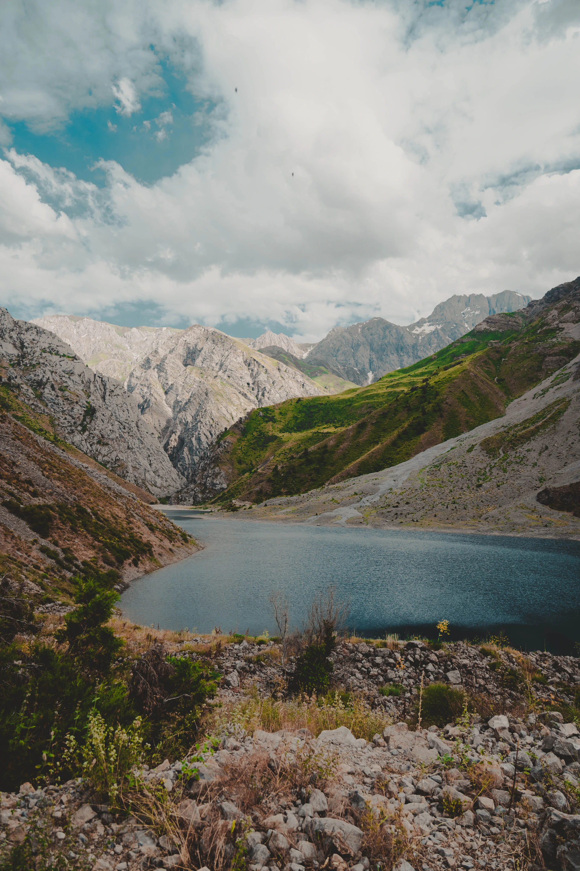 A lake surrounded by mountains under a cloudy sky