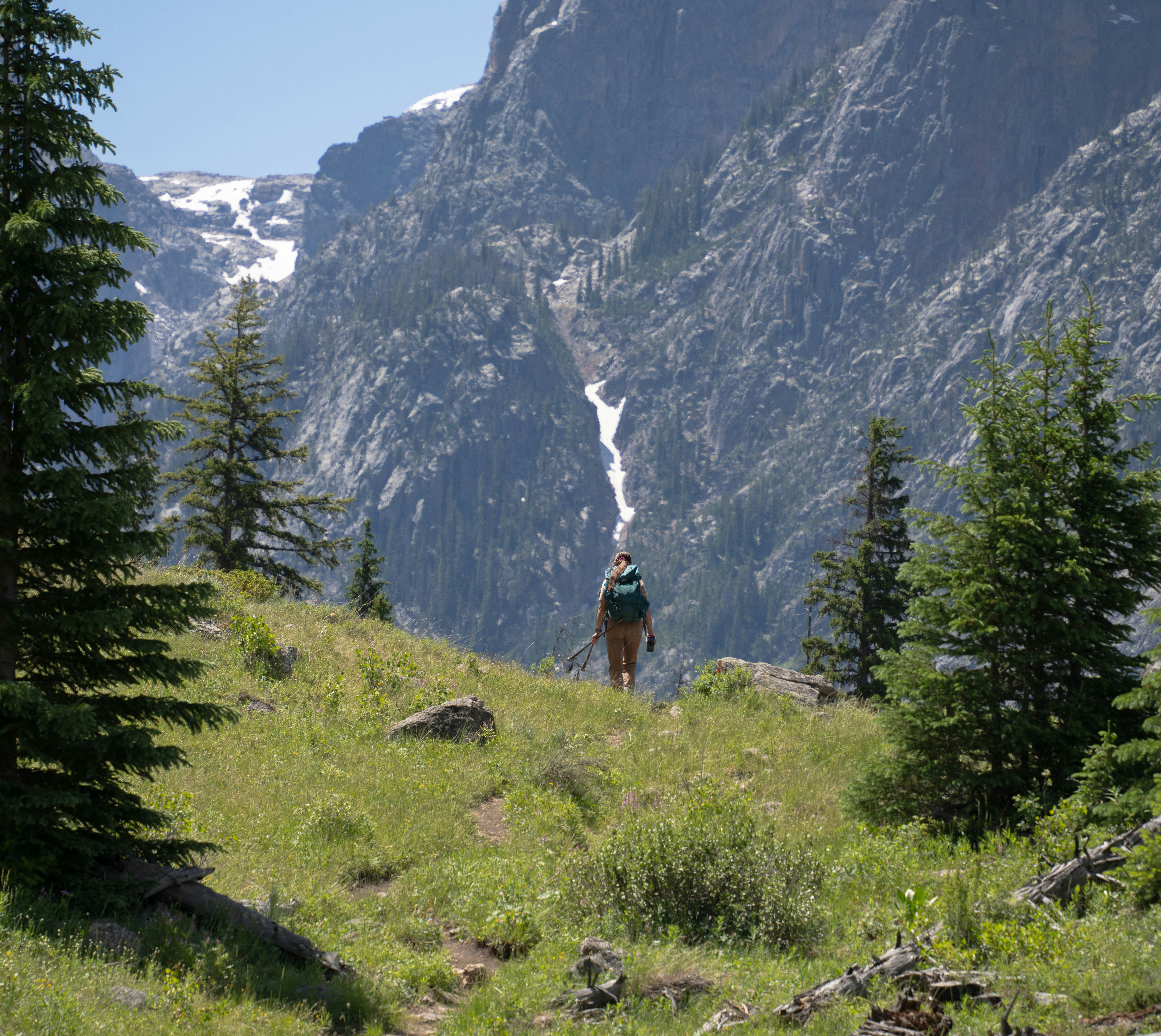 A person standing on a grassy hill with a mountain in the background, 