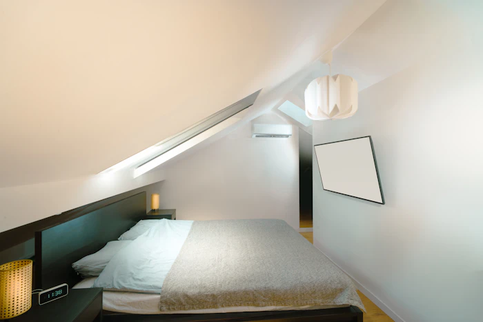 Bedroom under a sloped attic ceiling
