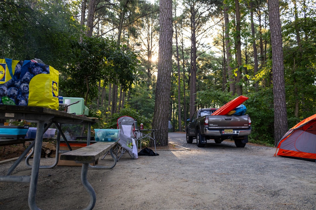 A truck parked next to a tent in the woods,