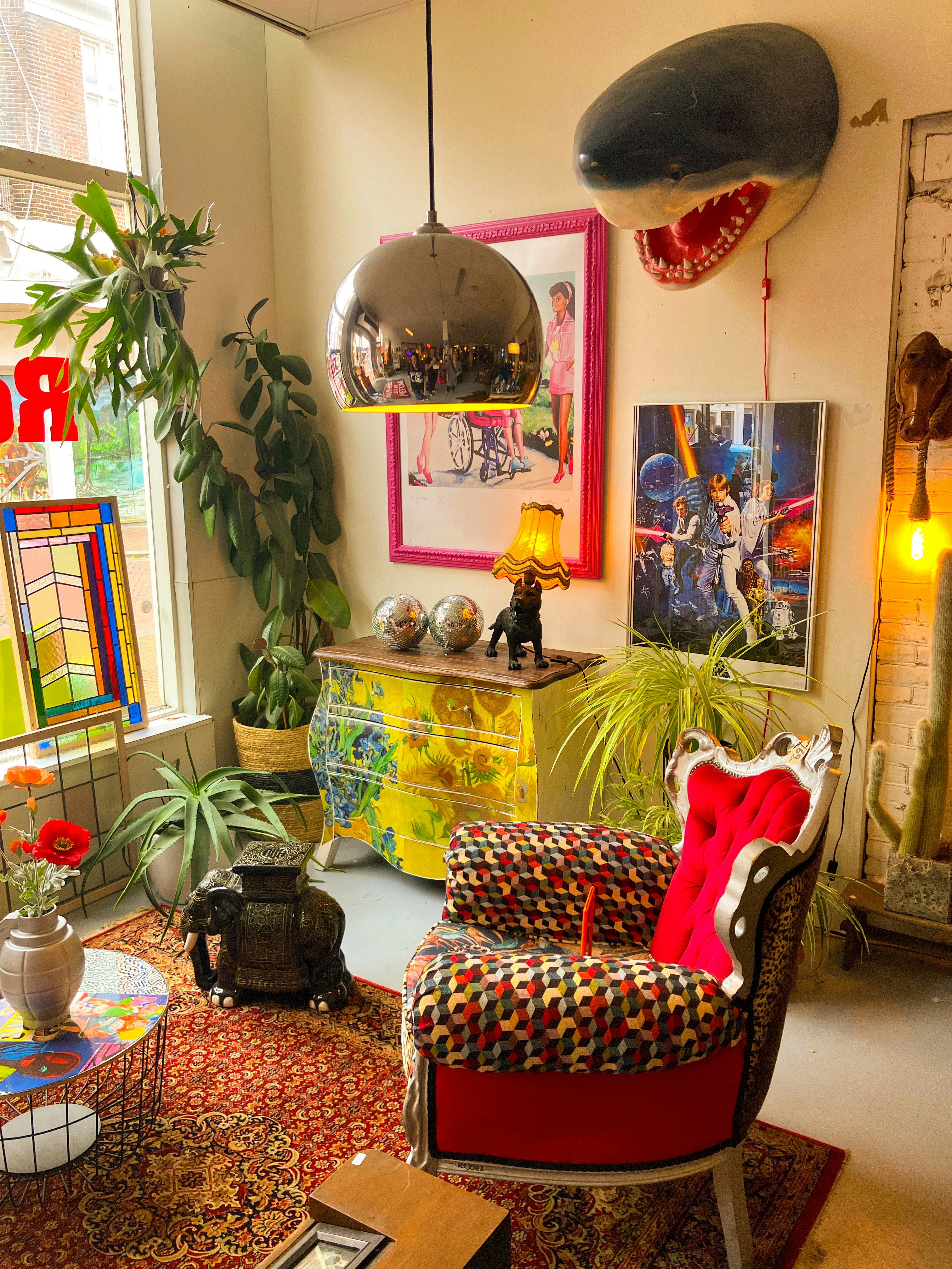 Eclectic thoughtfully styled room with mix of vintage and modern pieces, plants, shelving, and warm natural light