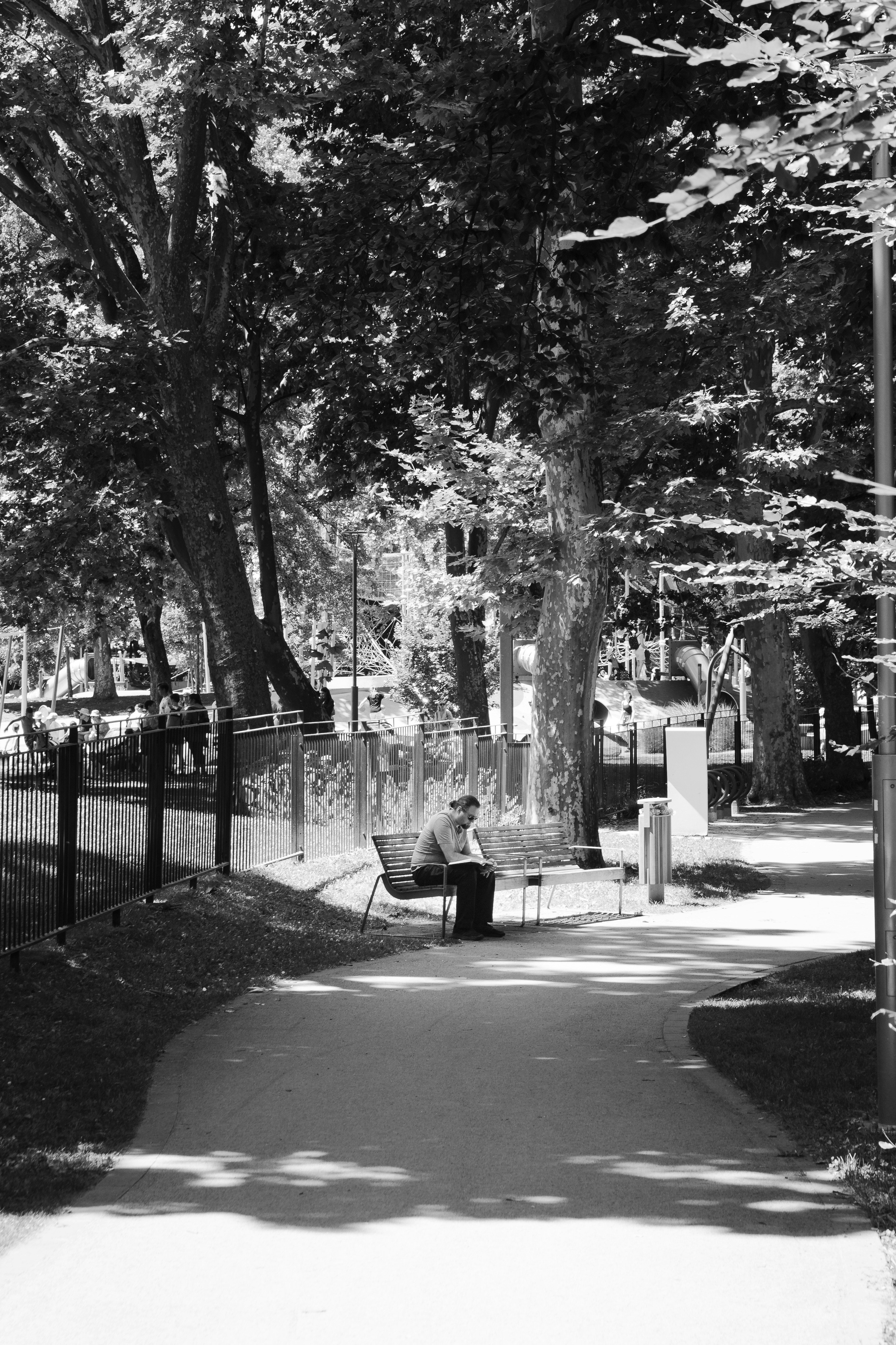A black and white photo of a park