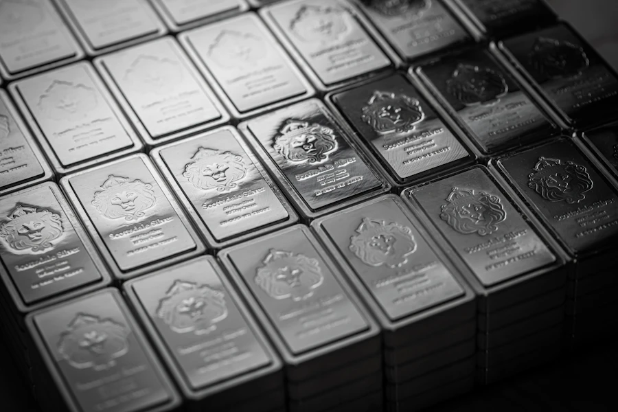Silver bullion bars on a table