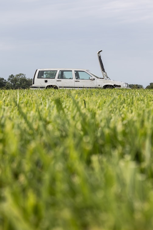 A truck is parked in a field of grass