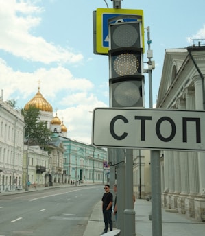 A man standing on a street corner next to a traffic light